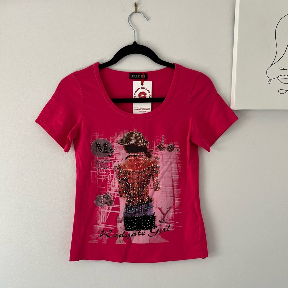 Y2K inspired Pink Tee shirt with Rhinestone embellishment